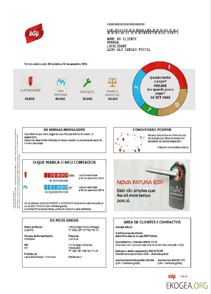 Portugal EDP utility bill template in Word and PDF format, good for address prove
